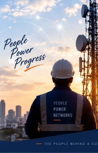 A Telecom Hire field technician looking up at a telecom tower at sunset, wearing a People Power Networks vest, with a city skyline in the background.