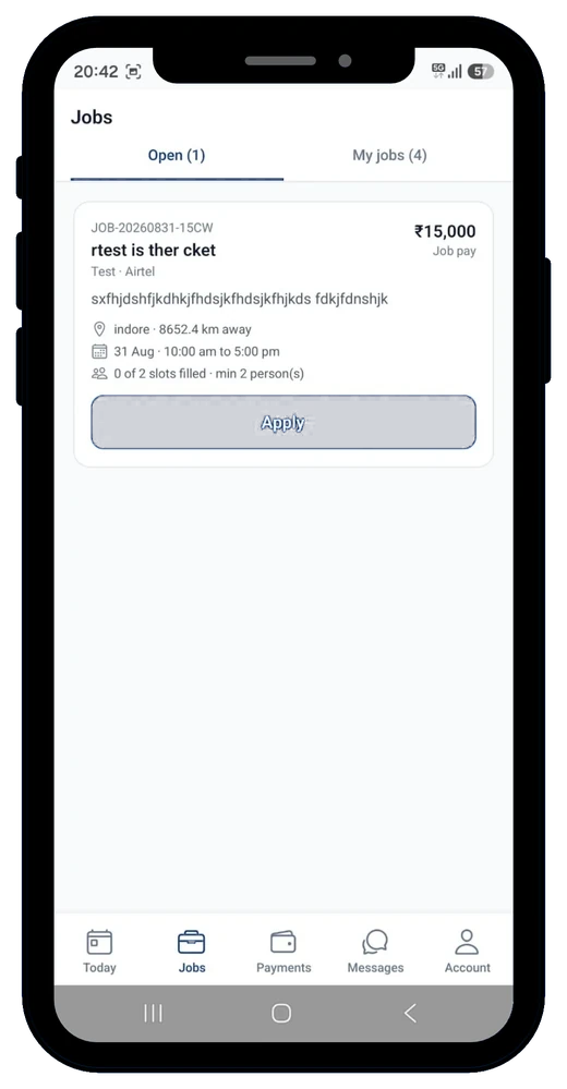 Open jobs list with pay, location and Apply button